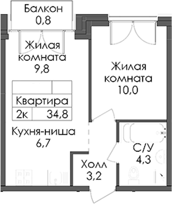1-комнатная квартира 34.8 м², 6/9 эт., ЖК «Лермонтовский 54»
